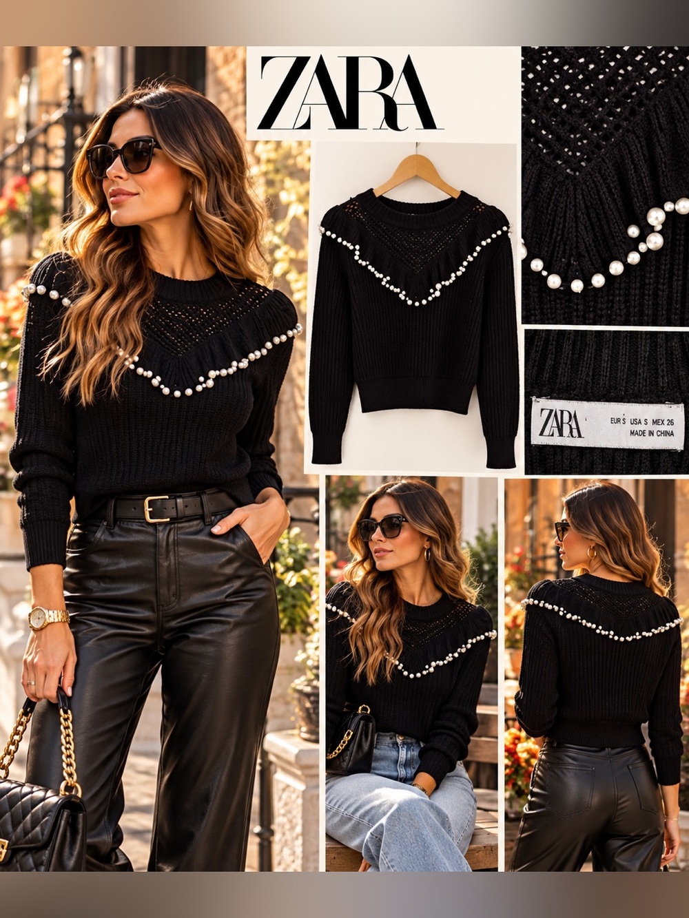 ZARA Black Crewneck Sweater with Pearl Trim Accent